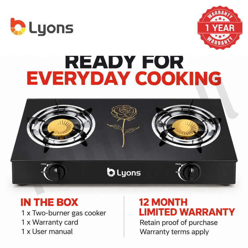 Lyons GK-023 2 Burner Tempered Glass Gas StoveDouble Ring Flame with Narcissus Lily Patten with Auto Ignition, Gas Saver Technology, Durable Rotary Burners & High Temperature Resistant Design