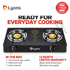 Lyons GK-023 2 Burner Tempered Glass Gas StoveDouble Ring Flame with Narcissus Lily Patten with Auto Ignition, Gas Saver Technology, Durable Rotary Burners & High Temperature Resistant Design