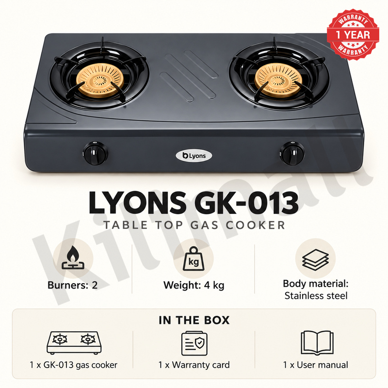 Lyons GK-013 2 Burner Tempered Stainless Steel Gas Stove  with Auto Ignition, Gas Saver Technology, Durable Rotary Burners & High Temperature Resistant Design