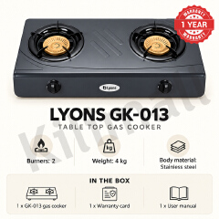 Lyons GK-013 2 Burner Tempered Stainless Steel Gas Stove  with Auto Ignition, Gas Saver Technology, Durable Rotary Burners & High Temperature Resistant Design