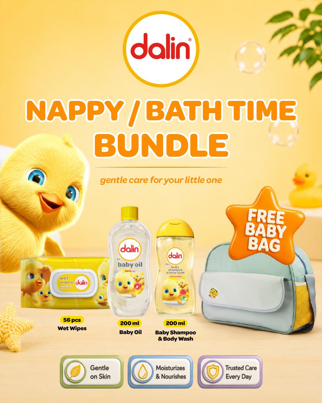 Dalin Baby Bath Care Bundle with FREE Baby Bag | Baby Shampoo, Body Wash, Baby Wipes & Baby Oil | Tear-Free Baby Care Set