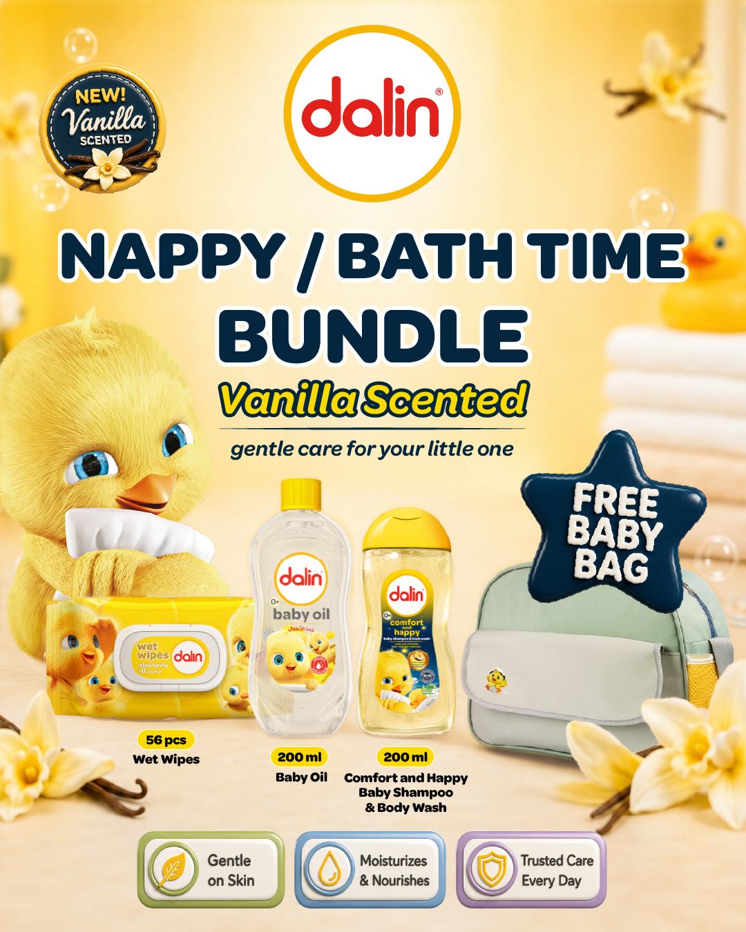Dalin Baby Bath Care Bundle with FREE Baby Bag | Baby Shampoo, Body Wash, Baby Wipes & Baby Oil | Tear-Free Baby Care Set