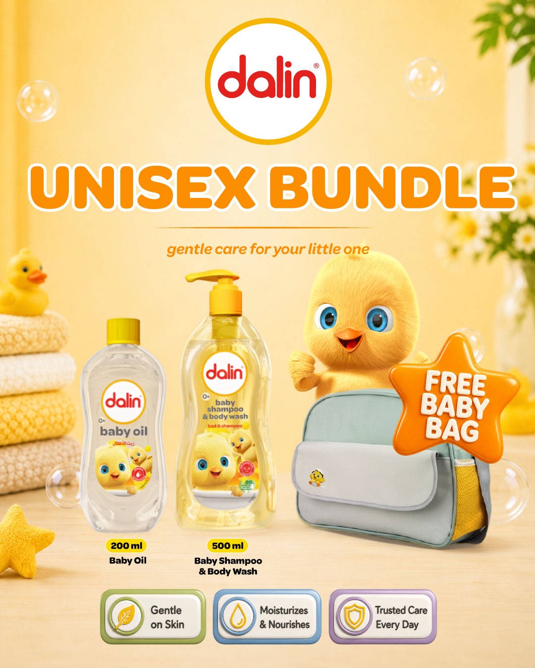 Dalin Baby Bath Care Bundle with FREE Baby Bag | Baby Shampoo, Body Wash, Baby Wipes & Baby Oil | Tear-Free Baby Care Set