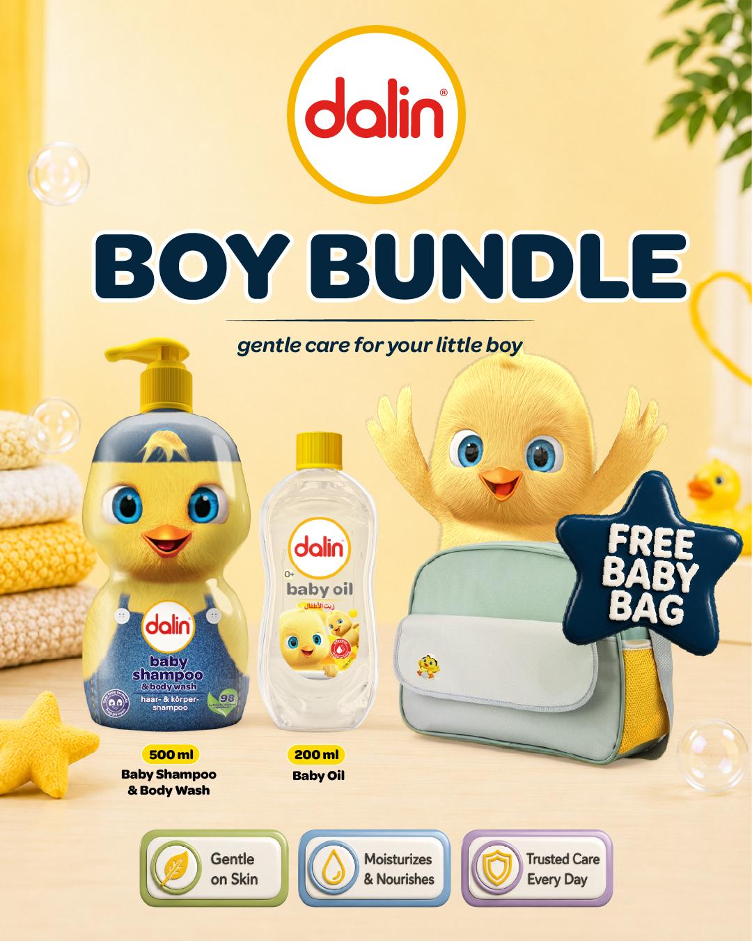 Dalin Baby Bath Care Bundle with FREE Baby Bag | Baby Shampoo, Body Wash, Baby Wipes & Baby Oil | Tear-Free Baby Care Set