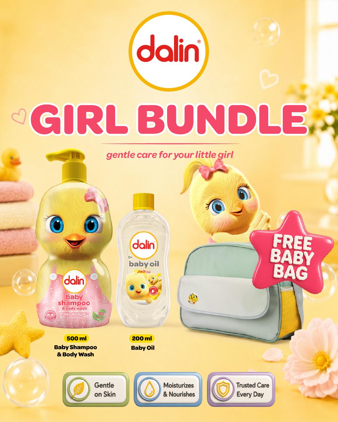 Dalin Baby Bath Care Bundle with FREE Baby Bag | Baby Shampoo, Body Wash, Baby Wipes & Baby Oil | Tear-Free Baby Care Set