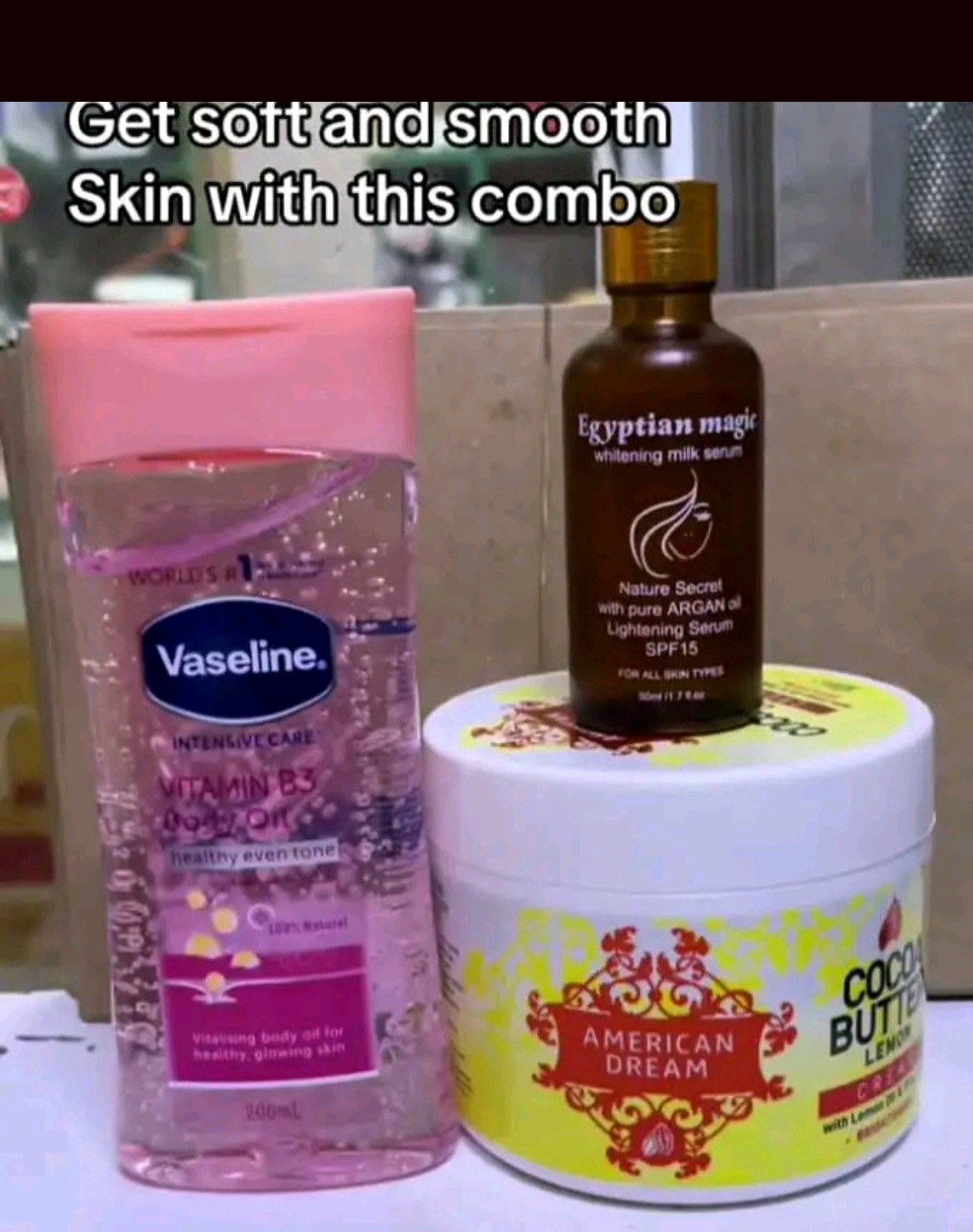 American Dream Cocoa Butter Lemon Cream +Vaseline Vitamin B3 Body Oil + Egyptian Magic Whitening Milk Serum Brightening Moisturizing Skincare Set Smooth Soft Radiant Healthy Glowing Skin