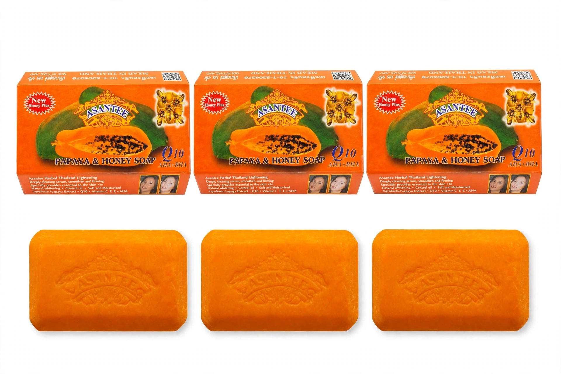 3 Pcs Asantee Papaya & Honey Soap Q10 AHA+BHA 125g x 3 - Whitening, Anti-Acne, Brightening Herbal Soap - Best offer