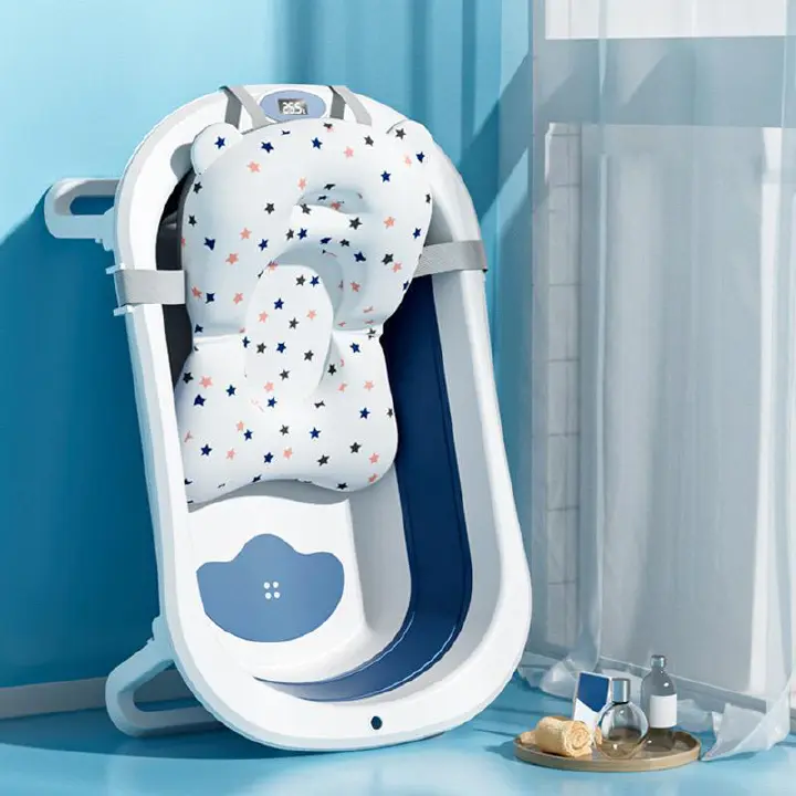 Large Baby Bathtub with Ultra Soft Cushion Built In Thermometer Foldable Infant Bath Tub Comfortable Safe Newborn Toddler Bathing Tub Portable Design for 0 to 5 Years
