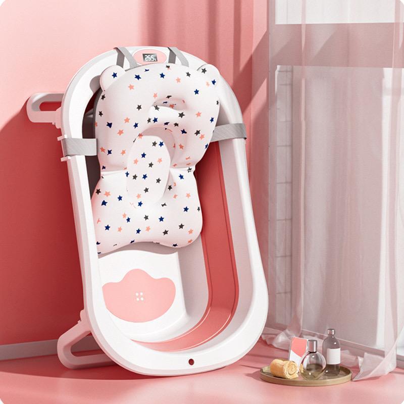 Large Baby Bathtub with Ultra Soft Cushion Built In Thermometer Foldable Infant Bath Tub Comfortable Safe Newborn Toddler Bathing Tub Portable Design for 0 to 5 Years
