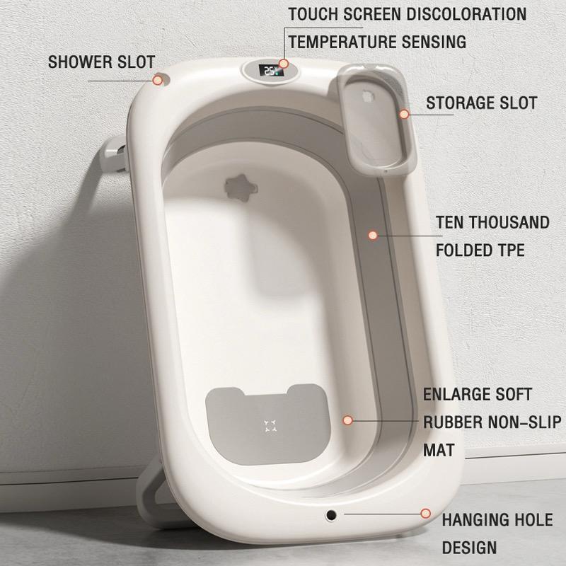 Large Baby Bathtub with Ultra Soft Cushion Built In Thermometer Foldable Infant Bath Tub Comfortable Safe Newborn Toddler Bathing Tub Portable Design for 0 to 5 Years