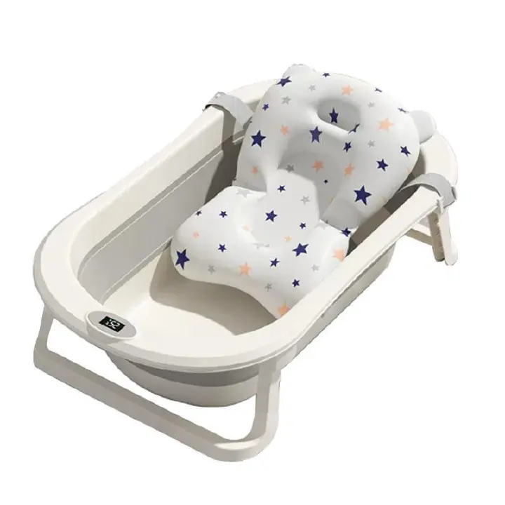 Large Baby Bathtub with Ultra Soft Cushion Built In Thermometer Foldable Infant Bath Tub Comfortable Safe Newborn Toddler Bathing Tub Portable Design for 0 to 5 Years