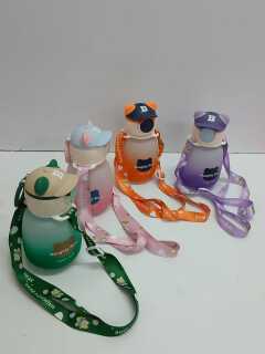 Kids Naughty Bear 500ml BPA-Free Plastic Water Bottle with Straw and Carry Strap – Pink, Orange, Green or Purple
