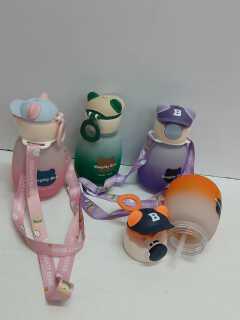 Kids Naughty Bear 500ml BPA-Free Plastic Water Bottle with Straw and Carry Strap – Pink, Orange, Green or Purple