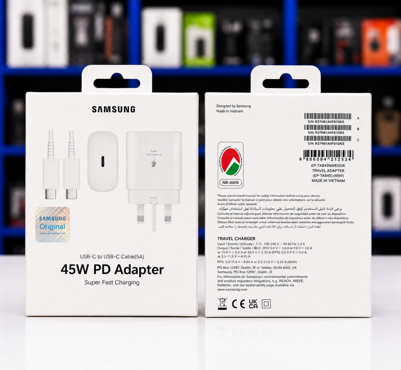 Samsung-Branded 45W PD USB-C Super Fast Charging Adapter with 5A USB-C to USB-C Cable – White