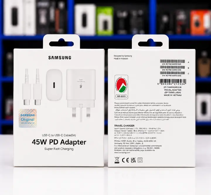 Samsung-Branded 45W PD USB-C Super Fast Charging Adapter with 5A USB-C to USB-C Cable – White