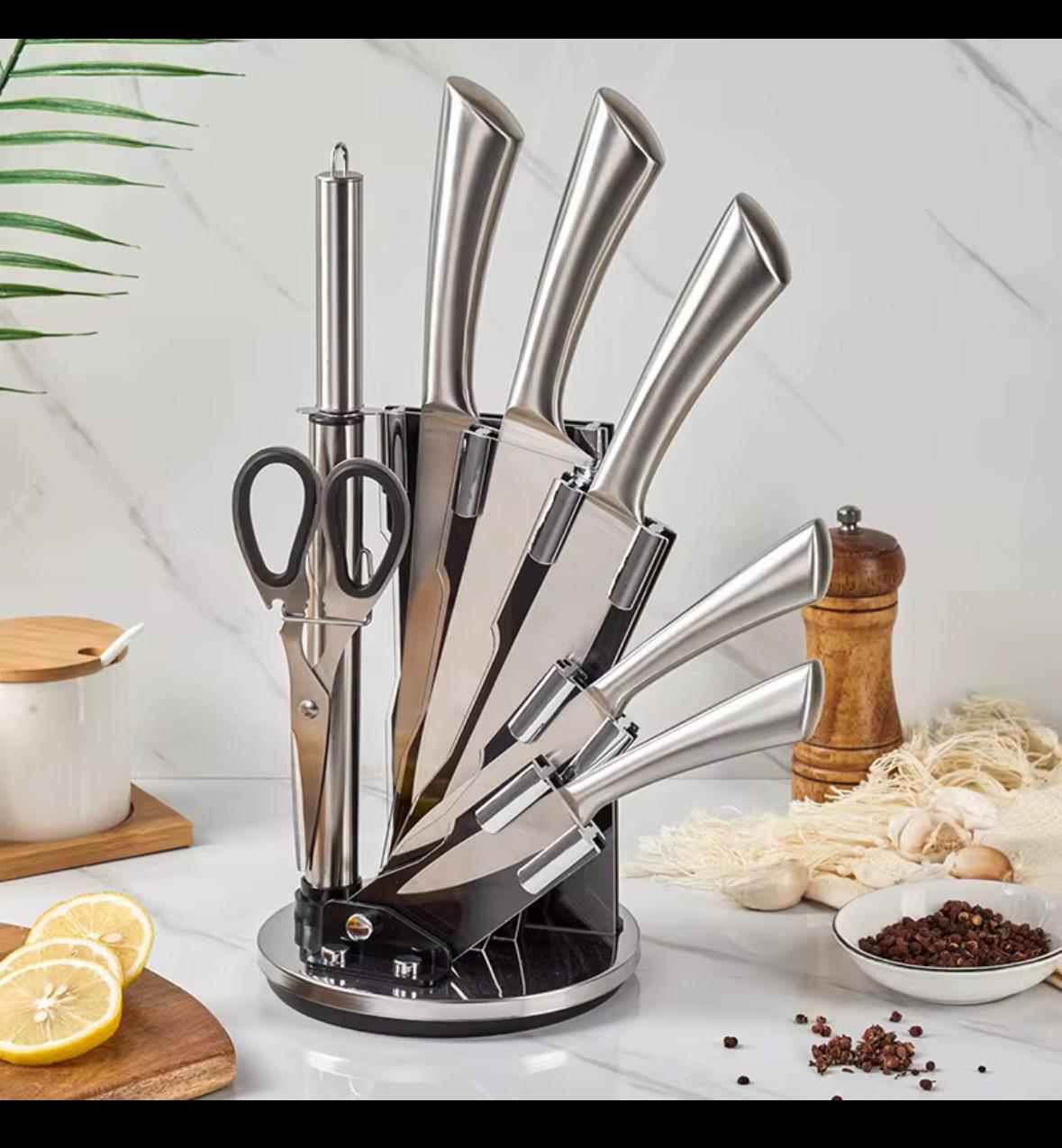 9-Piece Stainless Steel Knife Set Kitchen Cutlery Set with Chef Knife Bread Knife Utility Knife Paring Knife Kitchen Scissors Peeler and Storage Stand Durable Sharp Everyday Cooking