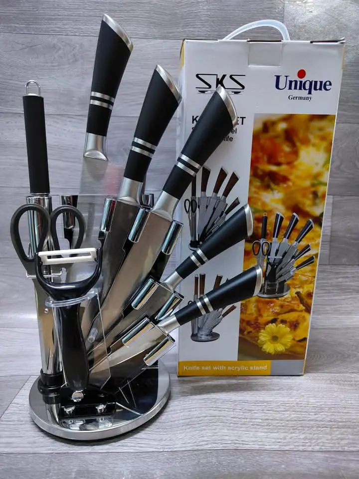 Unique Stainless Steel Knife Set Kitchen Cutlery Set with Chef Knife Bread Knife Utility Knife Paring Knife Kitchen Scissors Peeler and Storage Stand Durable Sharp Cooking