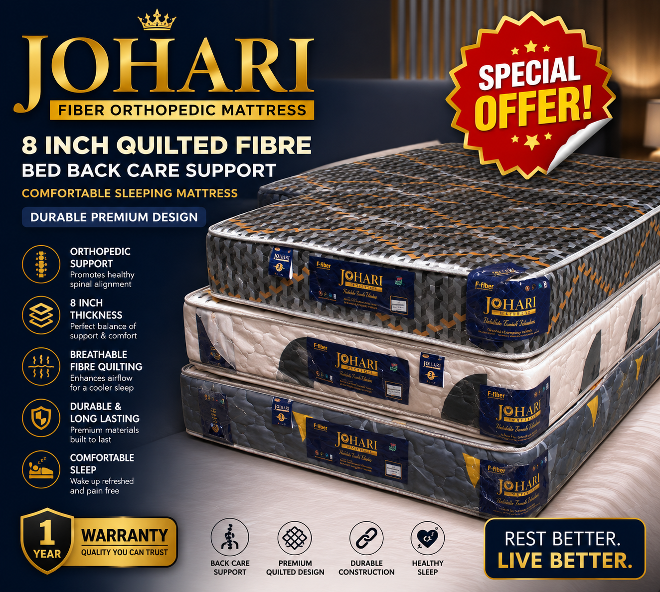Johari Luxury 3.5 x 6 Feet 8 Inch Orthopedic Fiber Mattress Premium Quilted High Density Back Care Support Breathable Comfortable Sleeping Bed with 1 Year Warranty
