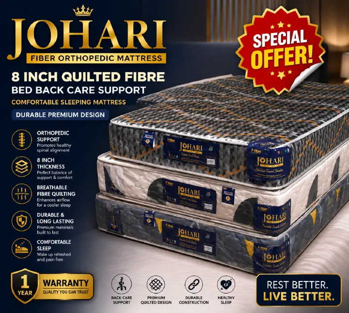 Johari Luxury 3.5 x 6 Feet 8 Inch Orthopedic Fiber Mattress Premium Quilted High Density Back Care Support Breathable Comfortable Sleeping Bed with 1 Year Warranty