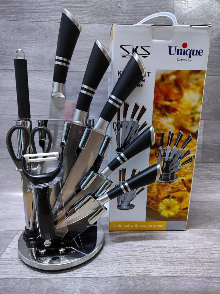 Unique Stainless Steel Knife Set Kitchen Cutlery Set with Chef Knife Bread Knife Utility Knife Paring Knife Kitchen Scissors Peeler and Storage Stand Durable Sharp Cooking