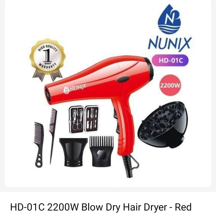 Nunix HD-01C Professional Hair Dryer Blow Dryer with Diffuser, Concentrator Nozzle, Comb Attachment, Powerful Fast Drying, Multiple Heat and Speed Settings, Salon and Home Use