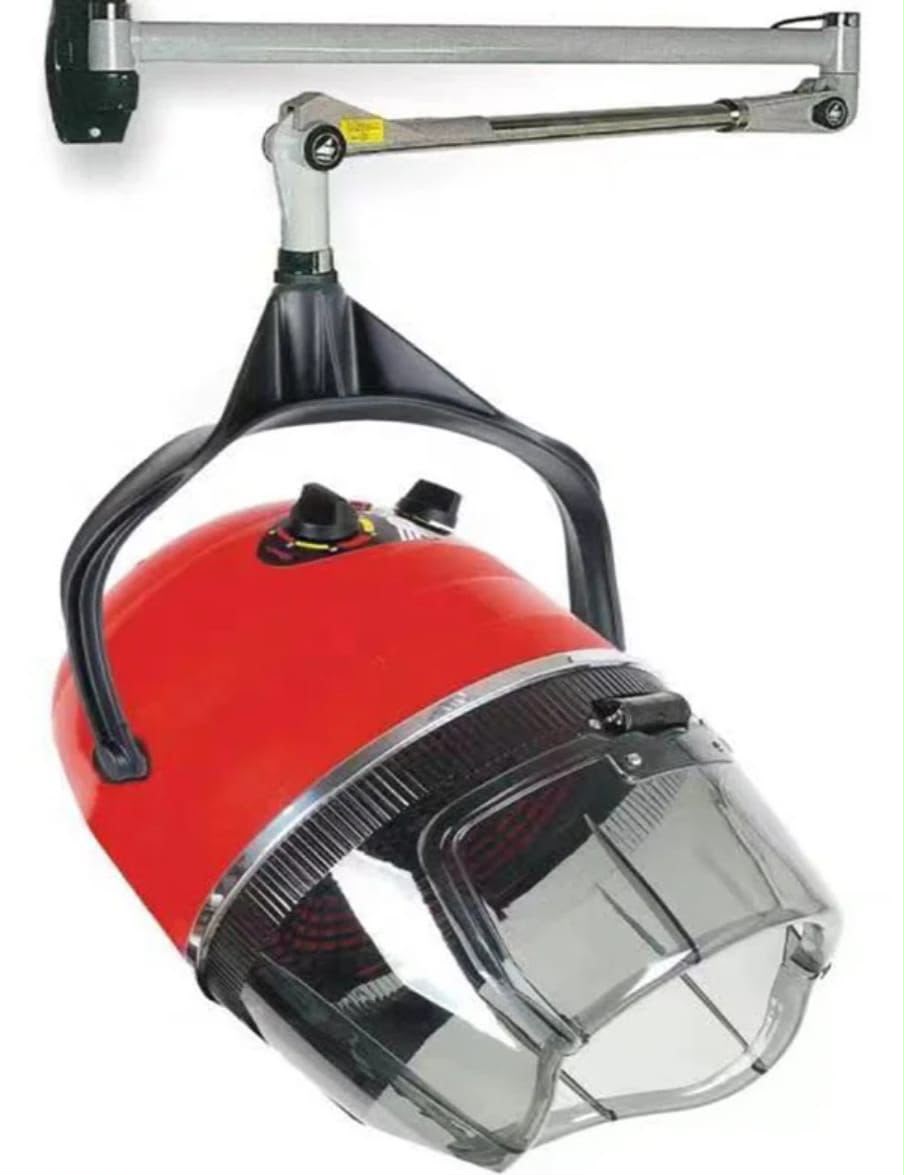 Professional Wall Mounted Hooded Hair Dryer Adjustable Salon Hair Dryer with Red Hood Clear Visor Variable Heat and Speed Controls Space Saving Hair Styling Equipment