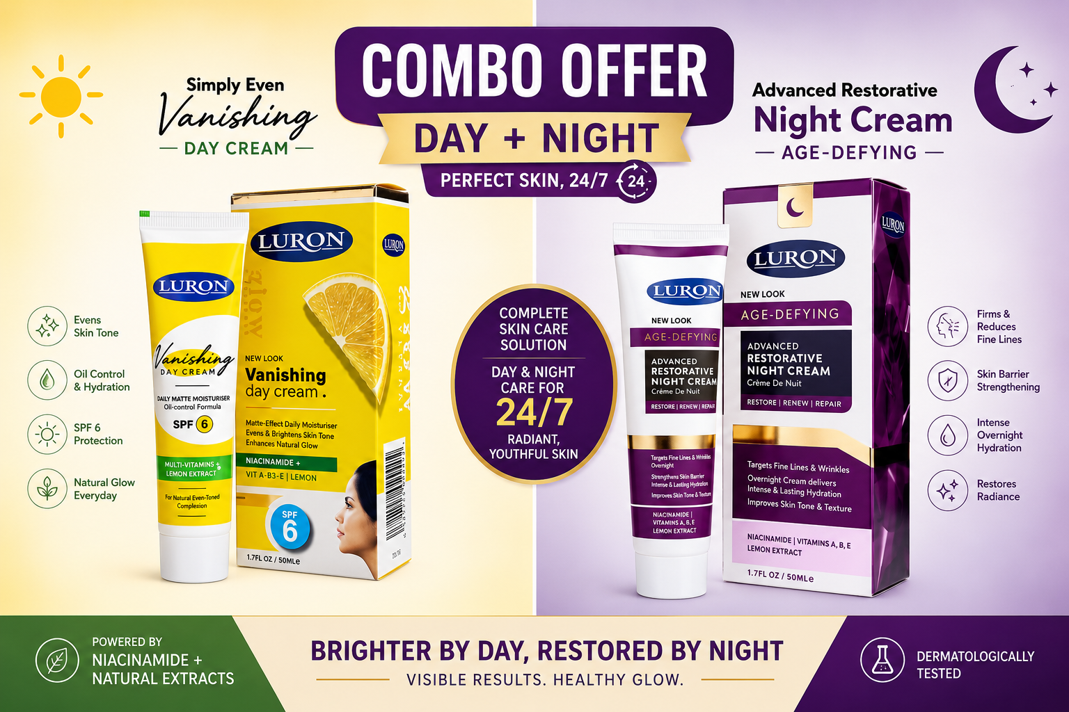 LURON DAY AND NIGHT CREAM COMBO OFFER!!! Luron Vanishing Day Cream SPF 6 & Night Replenishing Cream - Unisex, Oil Control, Hydrating