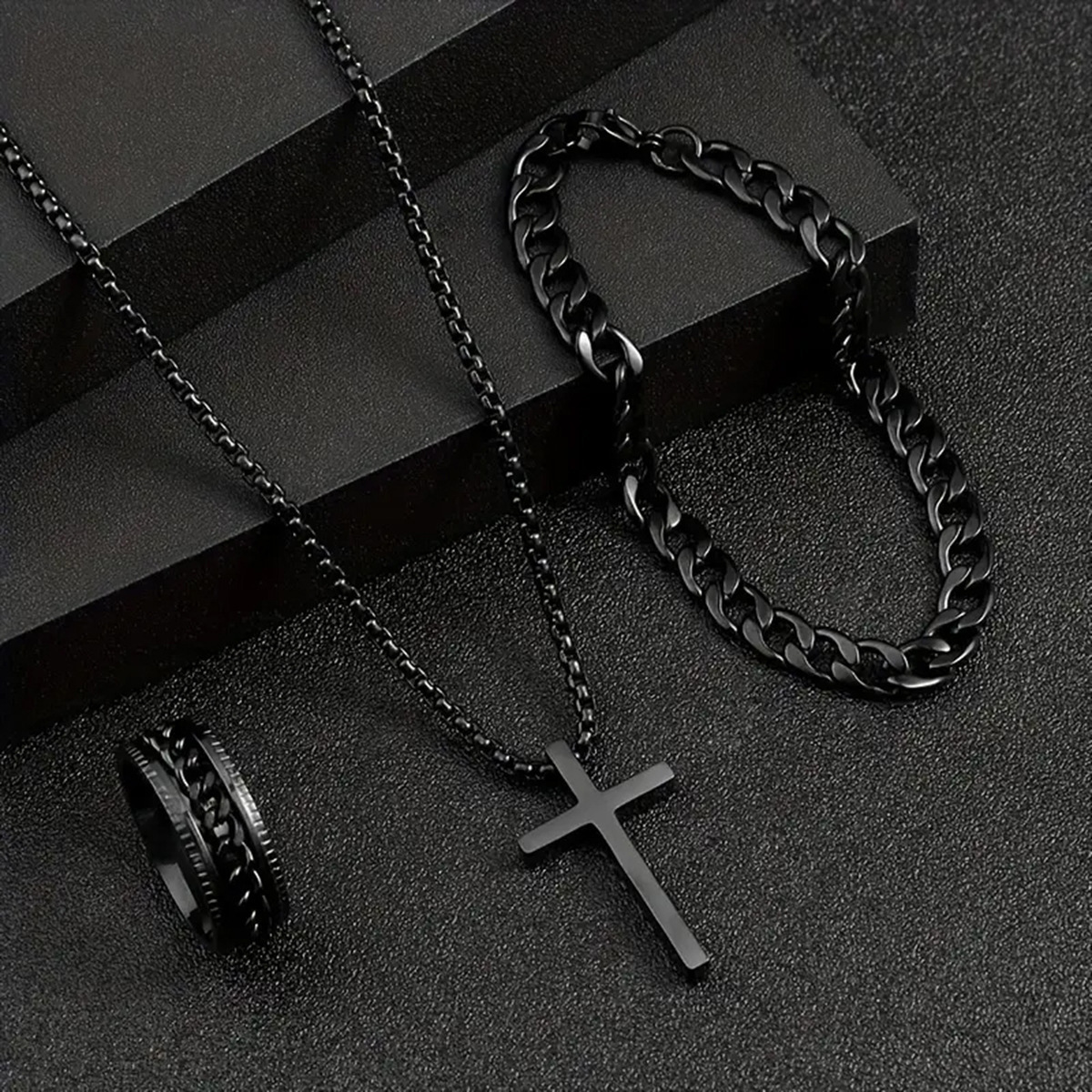 3pcs Set Men's Stainless Steel Metal Cross Pendant Chain Necklace Bracelet Ring Jewelry Set Male Hip Hop Daily Wear Accessories J103