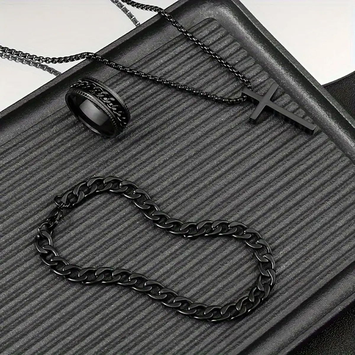 3pcs Set Men's Stainless Steel Metal Cross Pendant Chain Necklace Bracelet Ring Jewelry Set Male Hip Hop Daily Wear Accessories J103