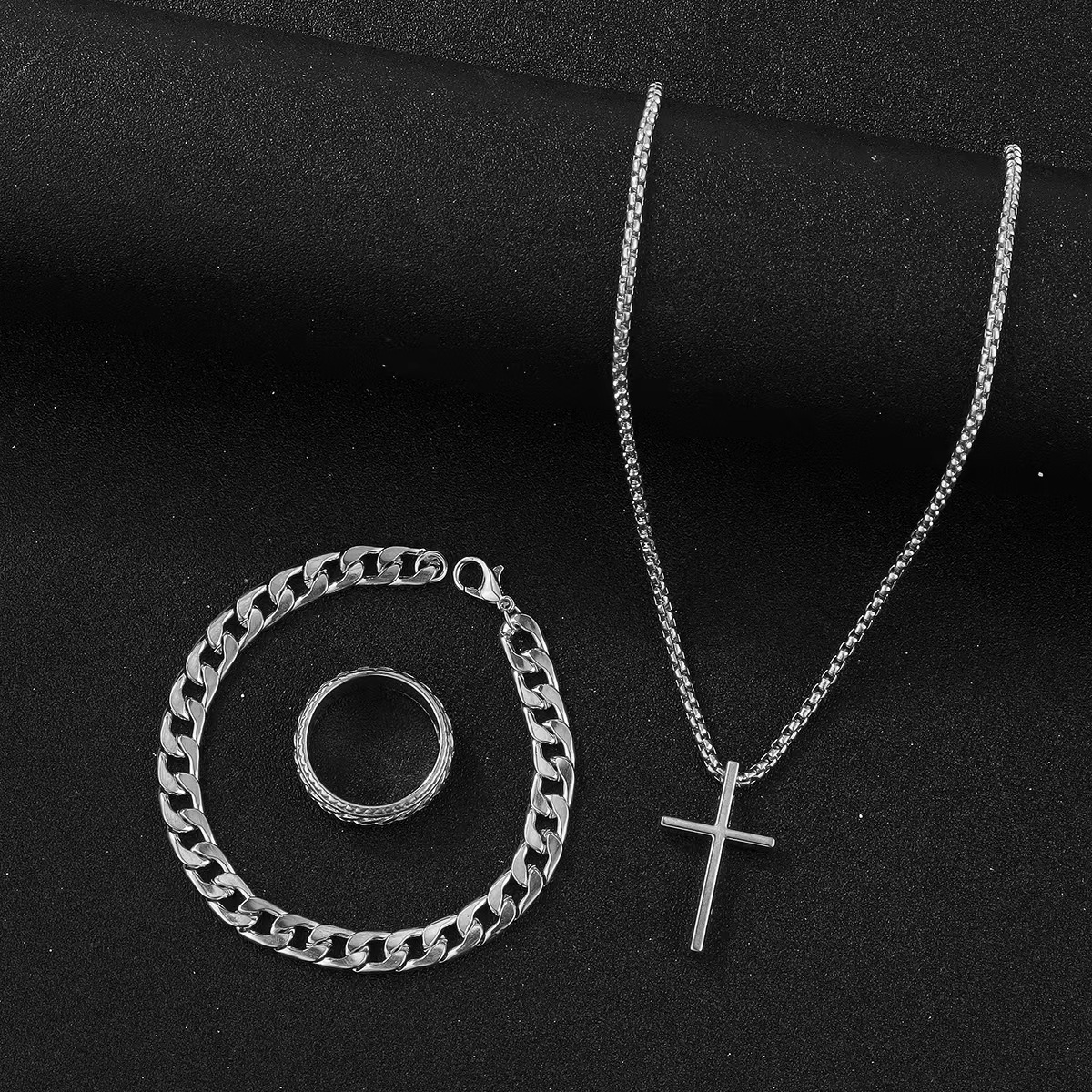 3pcs Set Men's Stainless Steel Metal Cross Pendant Chain Necklace Bracelet Ring Jewelry Set Male Hip Hop Daily Wear Accessories J103