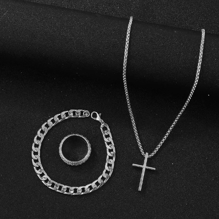 3pcs Set Men's Stainless Steel Metal Cross Pendant Chain Necklace Bracelet Ring Jewelry Set Male Hip Hop Daily Wear Accessories J103