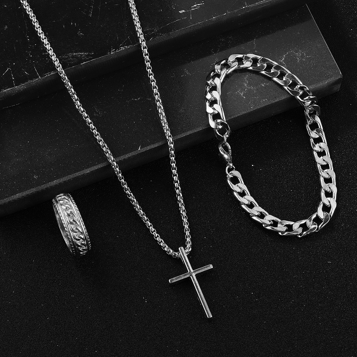 3pcs Set Men's Stainless Steel Metal Cross Pendant Chain Necklace Bracelet Ring Jewelry Set Male Hip Hop Daily Wear Accessories J103