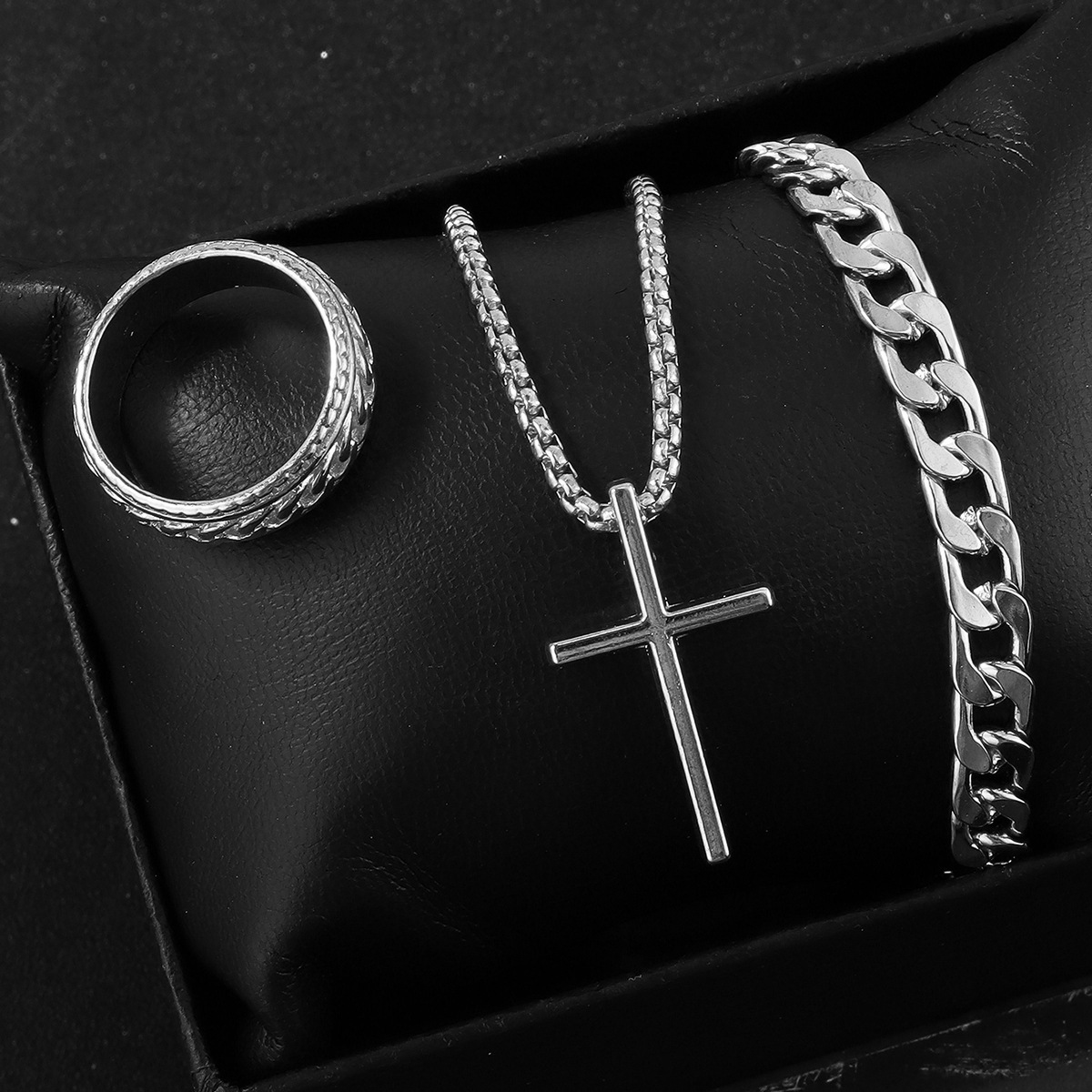 3pcs Set Men's Stainless Steel Metal Cross Pendant Chain Necklace Bracelet Ring Jewelry Set Male Hip Hop Daily Wear Accessories J103