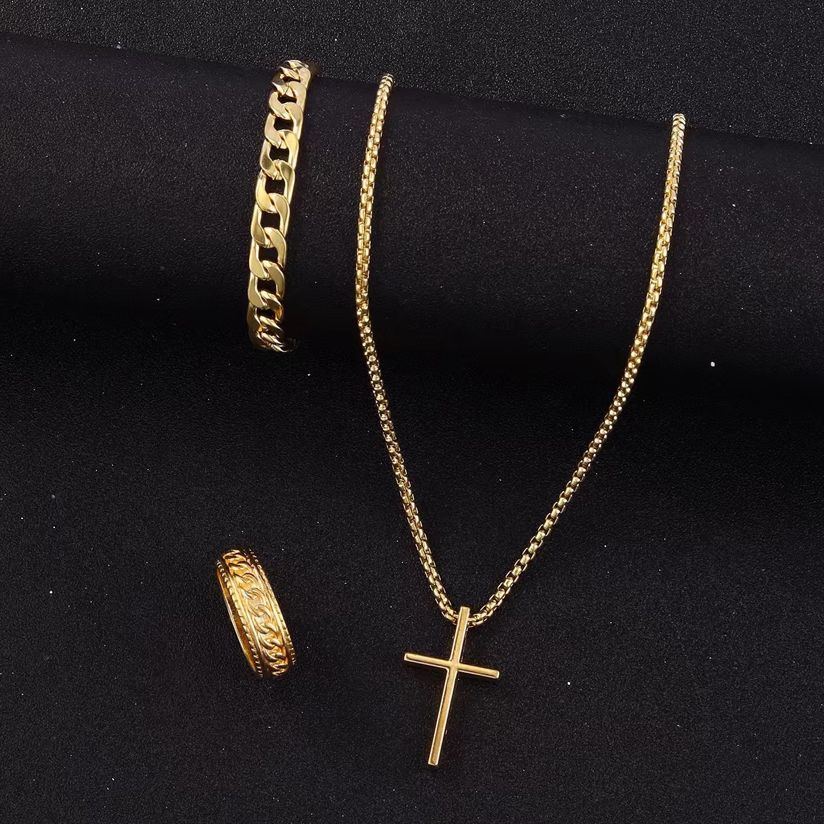 3pcs Set Men's Stainless Steel Metal Cross Pendant Chain Necklace Bracelet Ring Jewelry Set Male Hip Hop Daily Wear Accessories J103