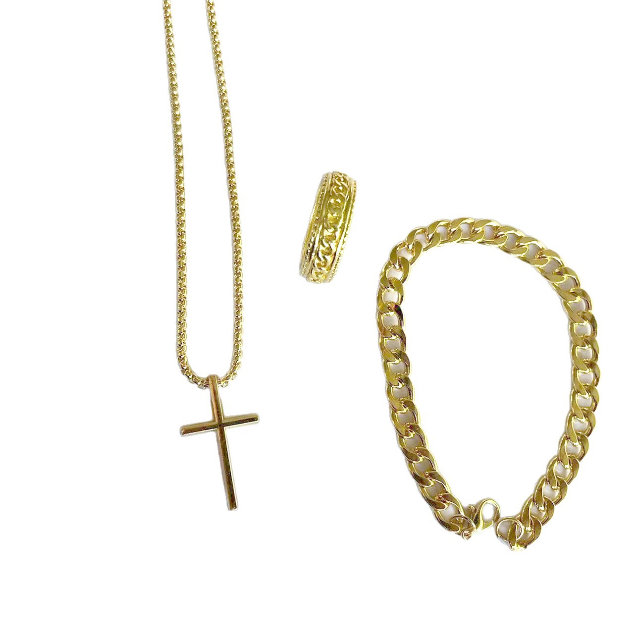 3pcs Set Men's Stainless Steel Metal Cross Pendant Chain Necklace Bracelet Ring Jewelry Set Male Hip Hop Daily Wear Accessories J103