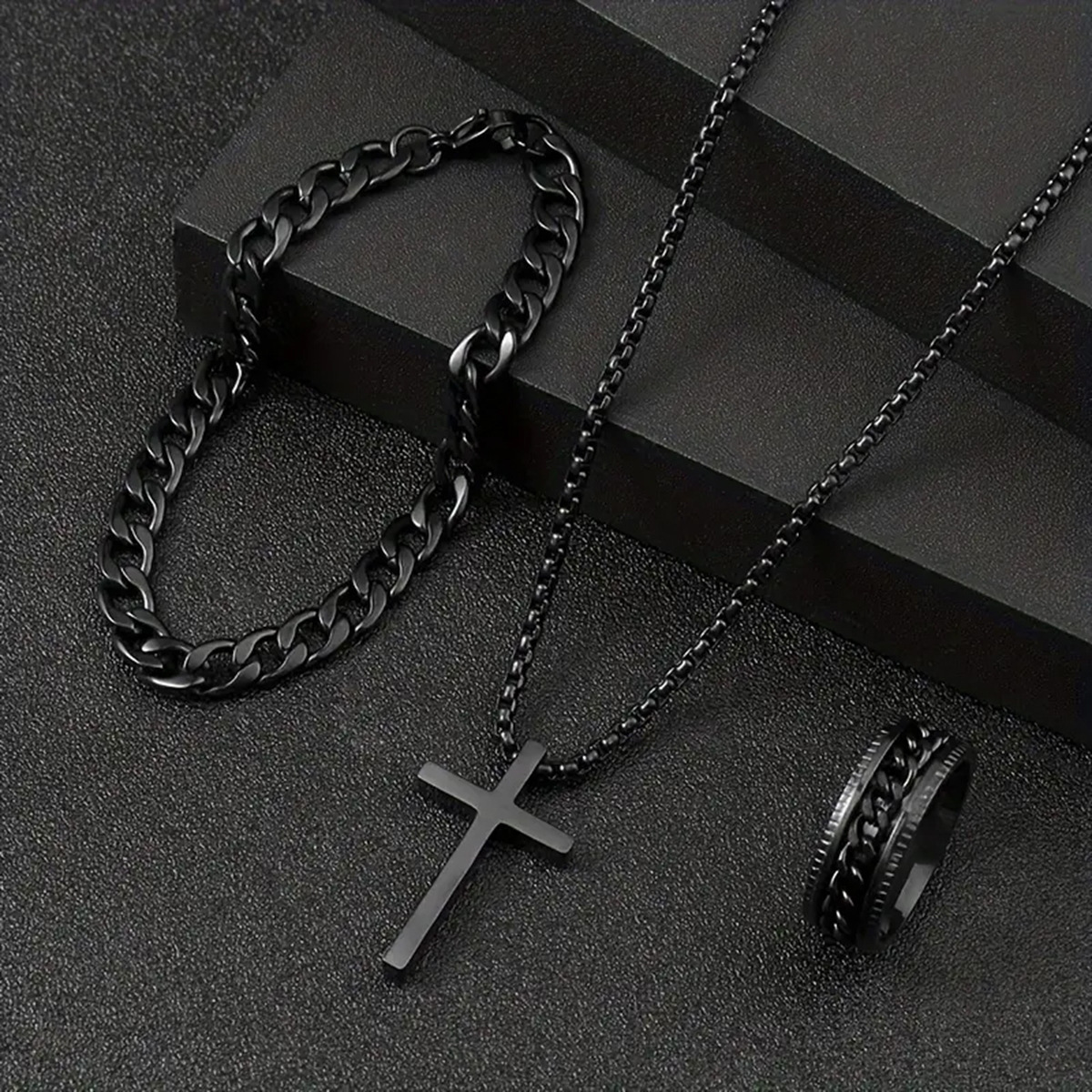 3pcs Set Men's Stainless Steel Metal Cross Pendant Chain Necklace Bracelet Ring Jewelry Set Male Hip Hop Daily Wear Accessories J103
