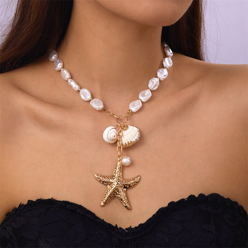 Boho Starfish Shell Ceramic Fish Pendant Necklaces For Women Colorful Irregular Stone Baroque Pearl Choker Beach Party Jewelry J316