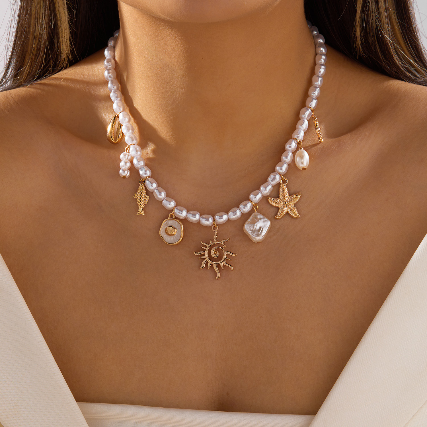 Boho Starfish Shell Ceramic Fish Pendant Necklaces For Women Colorful Irregular Stone Baroque Pearl Choker Beach Party Jewelry J316