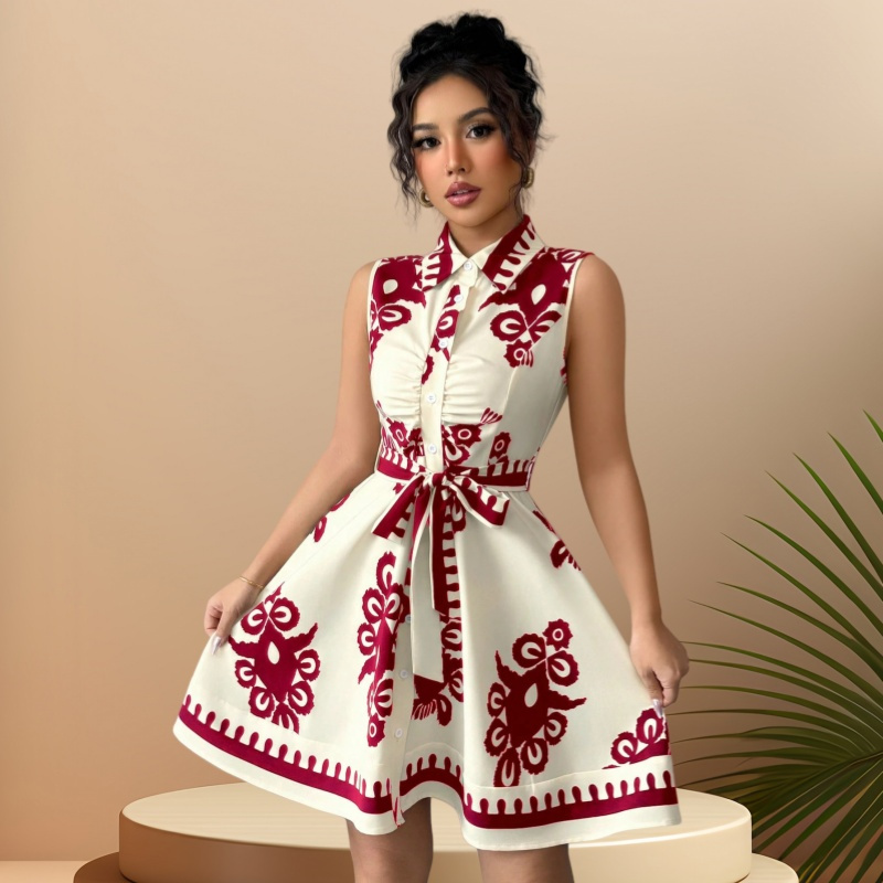 New Arrival Summer Afro Chic Women Sleeveless Lapel Collar Printed Shirt Dress Ruched Front Self Tie Belt High Waist Flared Skirt Office Daily Cocktail Casual Short Dress