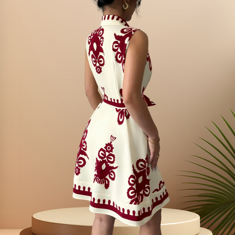New Arrival Summer Afro Chic Women Sleeveless Lapel Collar Printed Shirt Dress Ruched Front Self Tie Belt High Waist Flared Skirt Office Daily Cocktail Casual Short Dress