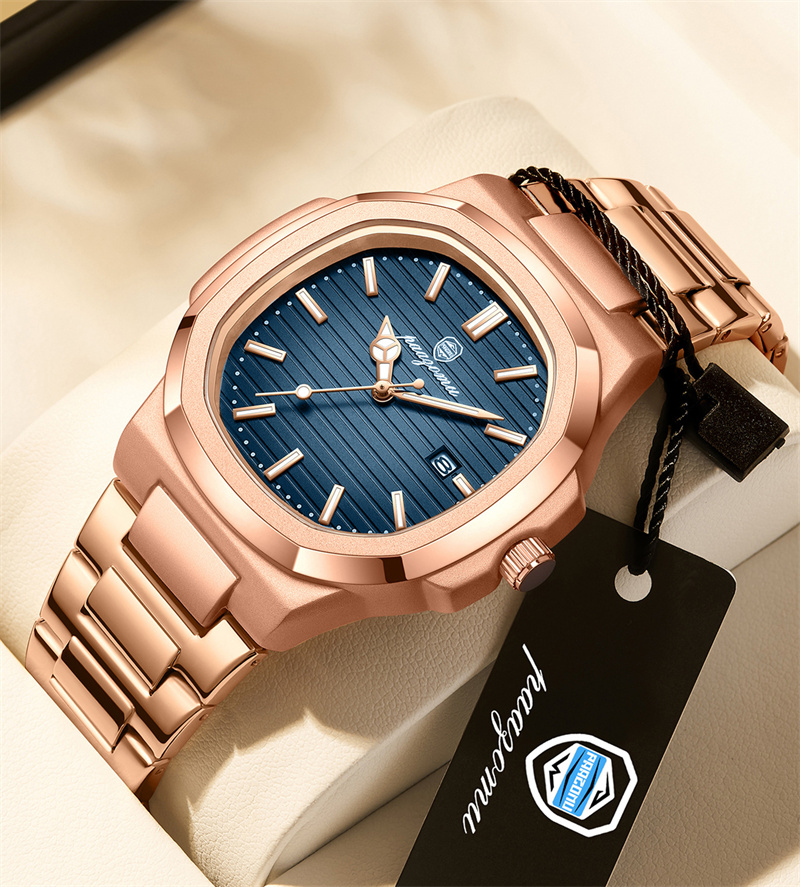 New Arrival Men's Octagonal Cushion Quartz Watch Striped Dial Single Calendar Waterproof Ultra Thin Stainless Steel Bracelet Minimalist Versatile Business Casual Male Wristwatch