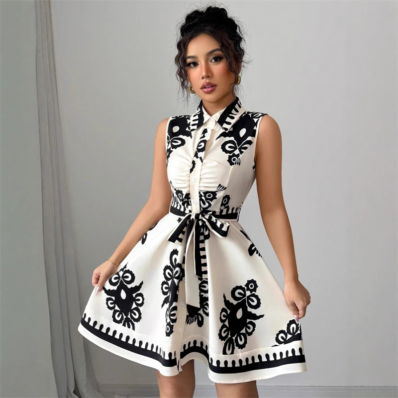New Arrival Summer Afro Chic Women Sleeveless Lapel Collar Printed Shirt Dress Ruched Front Self Tie Belt High Waist Flared Skirt Office Daily Cocktail Casual Short Dress