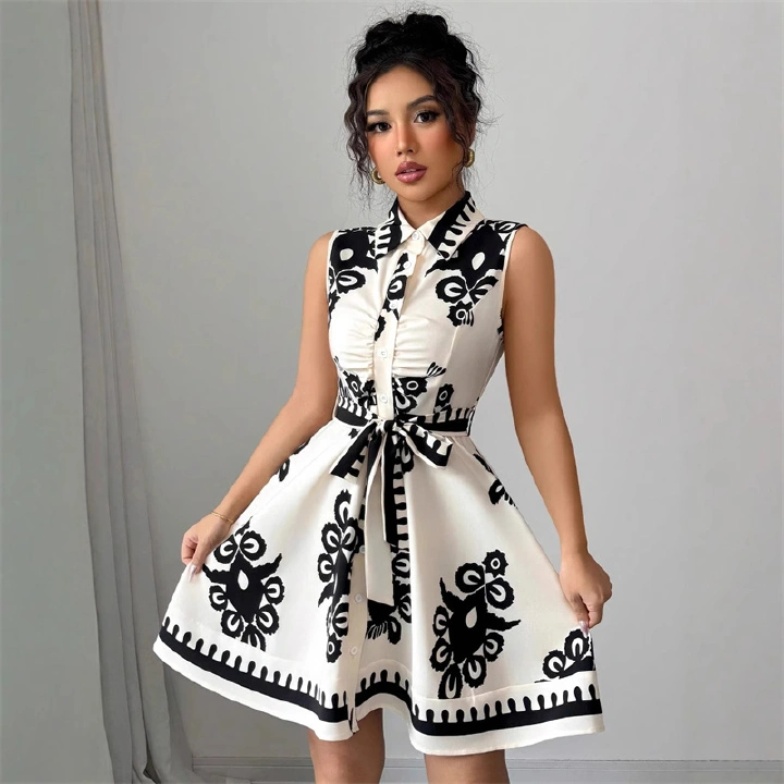 New Arrival Summer Afro Chic Women Sleeveless Lapel Collar Printed Shirt Dress Ruched Front Self Tie Belt High Waist Flared Skirt Office Daily Cocktail Casual Short Dress