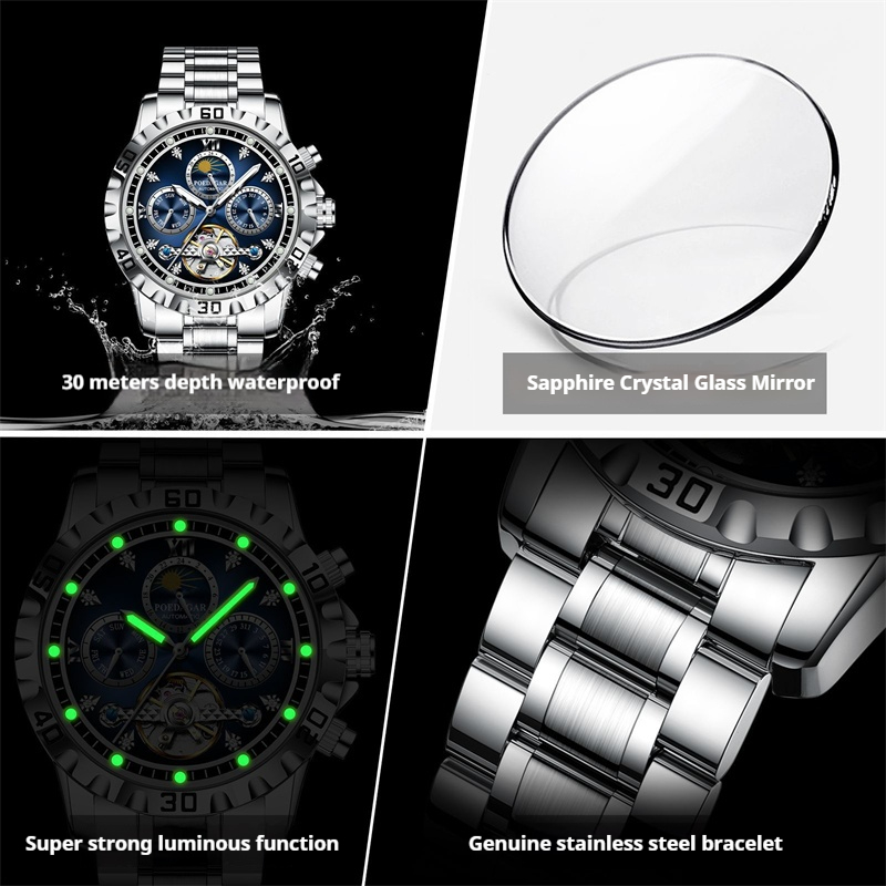 New Arrival POEDAGAR Men's Luxury Swiss Brand Tourbillon Mechanical Watch Multifunctional Sun Moon Phase Luminous Hands Waterproof Stainless Steel Bracelet Band High Grade Business Male Wristwatch