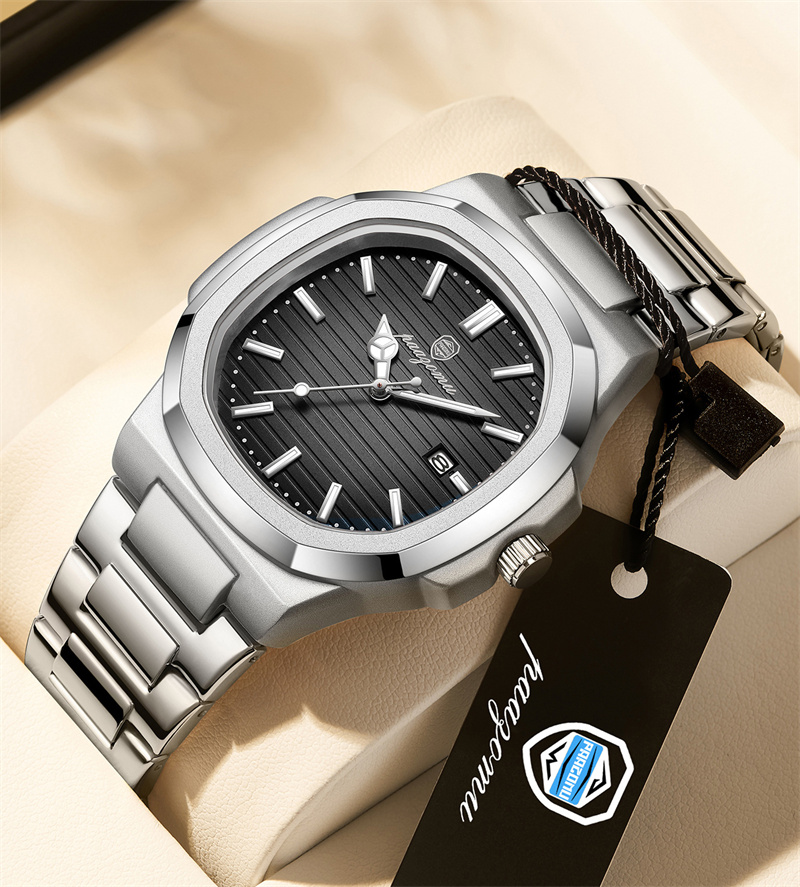 New Arrival Men's Octagonal Cushion Quartz Watch Striped Dial Single Calendar Waterproof Ultra Thin Stainless Steel Bracelet Minimalist Versatile Business Casual Male Wristwatch