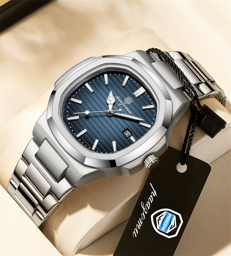 New Arrival Men's Octagonal Cushion Quartz Watch Striped Dial Single Calendar Waterproof Ultra Thin Stainless Steel Bracelet Minimalist Versatile Business Casual Male Wristwatch