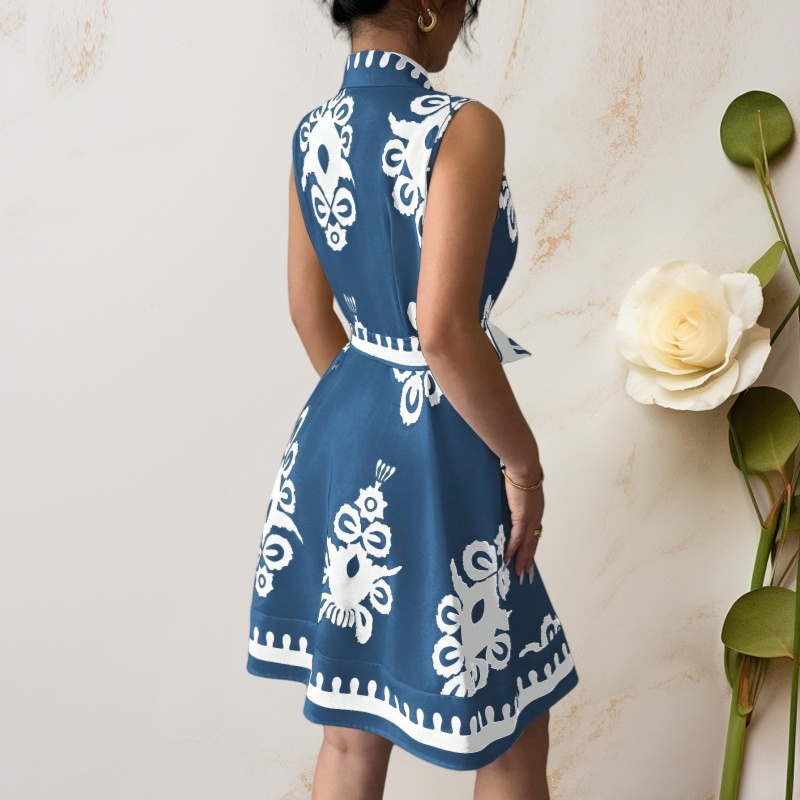 New Arrival Summer Afro Chic Women Sleeveless Lapel Collar Printed Shirt Dress Ruched Front Self Tie Belt High Waist Flared Skirt Office Daily Cocktail Casual Short Dress