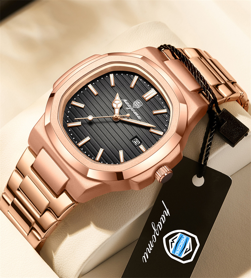 New Arrival Men's Octagonal Cushion Quartz Watch Striped Dial Single Calendar Waterproof Ultra Thin Stainless Steel Bracelet Minimalist Versatile Business Casual Male Wristwatch