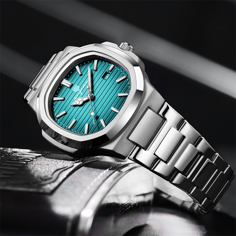 New Arrival Men's Octagonal Cushion Quartz Watch Striped Dial Single Calendar Waterproof Ultra Thin Stainless Steel Bracelet Minimalist Versatile Business Casual Male Wristwatch