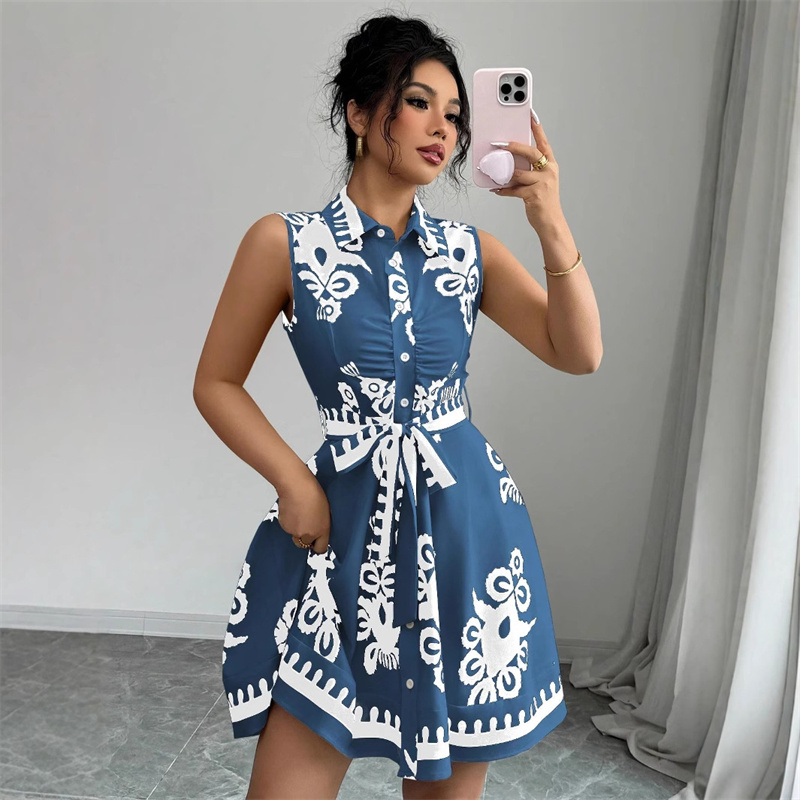 New Arrival Summer Afro Chic Women Sleeveless Lapel Collar Printed Shirt Dress Ruched Front Self Tie Belt High Waist Flared Skirt Office Daily Cocktail Casual Short Dress